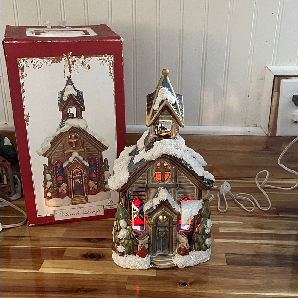 Festive Snowy Church Lamp with LED Lights Vintage Golden Treasures